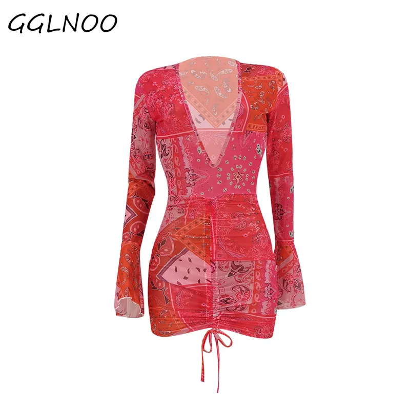GGLNOO Printed Mini Dress Flare Sleeve Long Sleeve See Through V-Neck Elegant Sexy Party Dresses Drawsting Clubwear GG23134
GGLNOO Printed Mini Dress Flare Sleeve Long Sleeve See Through V-Neck Elegant Sexy Party Dresses Drawsting Clubwear GG23134