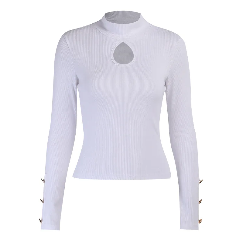 2021 fashion sleeve button high collar top European and American sexy slim cut rib chest top women's tights
2021 fashion sleeve button high collar top European and American sexy slim cut rib chest top women's tights