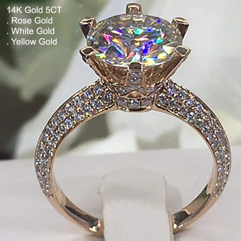 14K золото 5 карат Moissanite бриллиантовое кольцо для женщин круглое роскошное