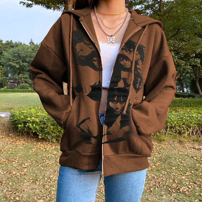 Female Coat Portrait Print Long Hooded Tops with Zipper and Pockets for Spring Fall Brown Black Gray
Female Coat Portrait Print Long Hooded Tops with Zipper and Pockets for Spring Fall Brown Black Gray