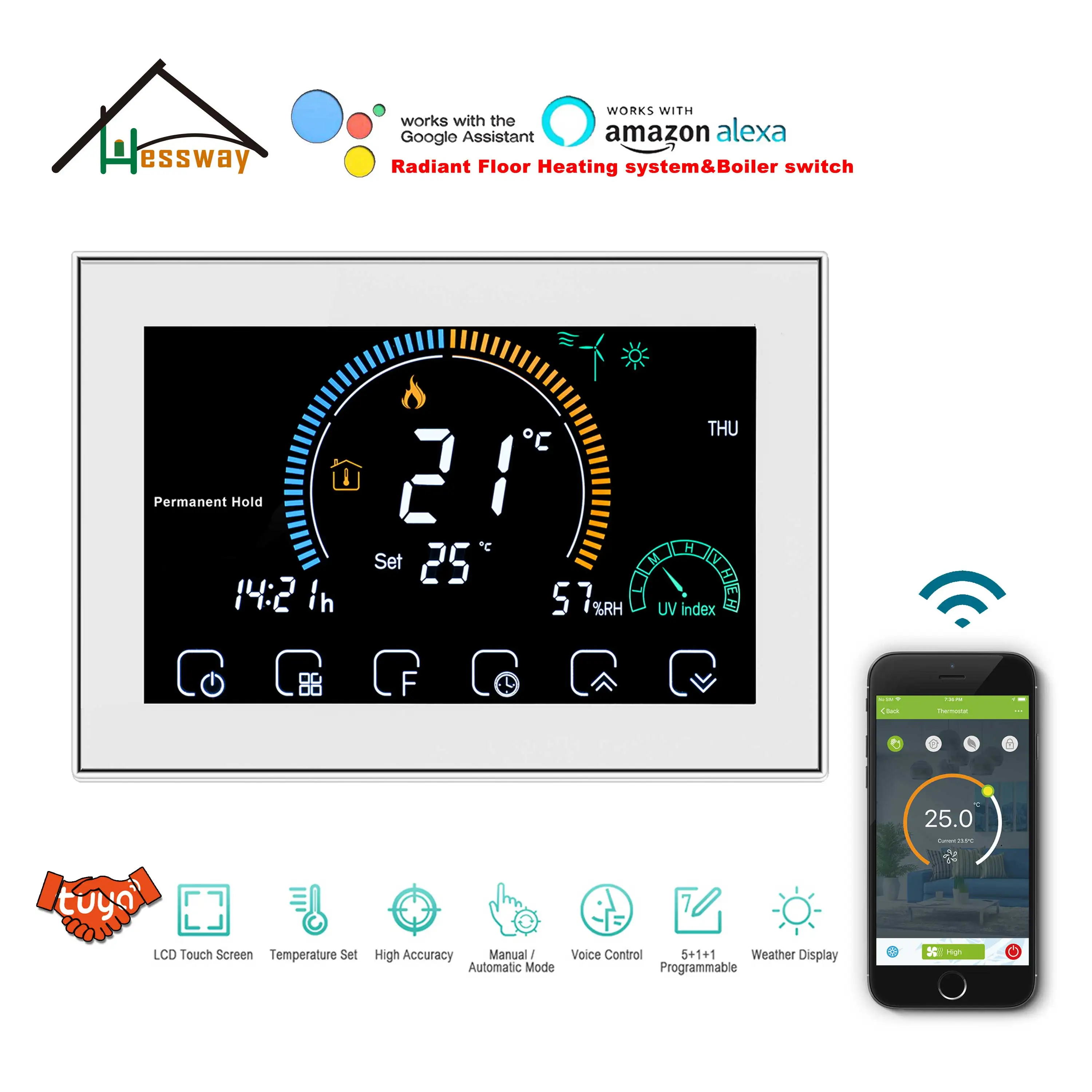 HESSWAY TUYA APP Boiler Floor Heating Thermostat Chauffage Wifi for Works with Alexa Google Home Backlight adjustment
HESSWAY TUYA APP Boiler Floor Heating Thermostat Chauffage Wifi for Works with Alexa Google Home Backlight adjustment