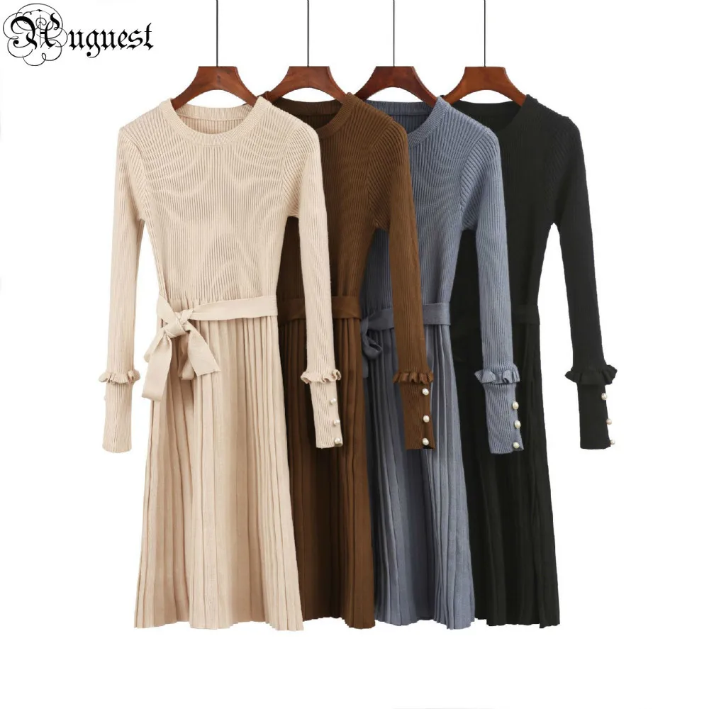 Uguest Women 2019 Knitting Dress Sashes Long Sleeve Pearls Ruffles Round Neck Pleated Office Lady Autumn Winter Slim Dresses
Uguest Women 2019 Knitting Dress Sashes Long Sleeve Pearls Ruffles Round Neck Pleated Office Lady Autumn Winter Slim Dresses