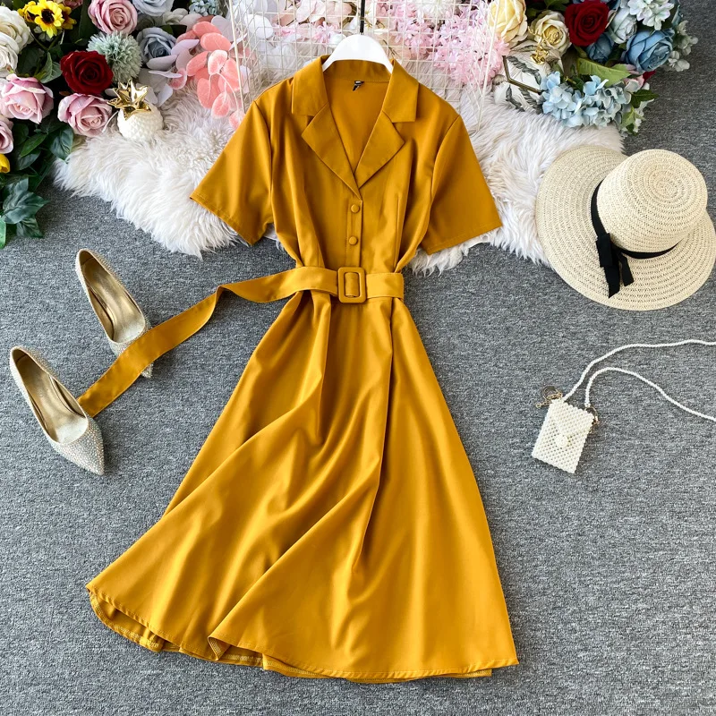 Women's 2021 New Spring Summer Street Style Dress Notched High Waist Sashes Solid Short Sleeve Button Casual Dress
Women's 2021 New Spring Summer Street Style Dress Notched High Waist Sashes Solid Short Sleeve Button Casual Dress