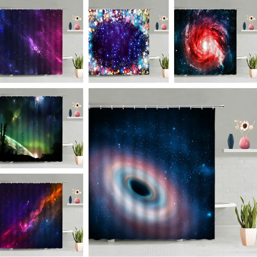 

Starry Sky Vortex Night Shower Curtain Universe Galaxy Planet Space Stars Scenery 3D Bathroom Wall Hanging Curtains Screen Decor