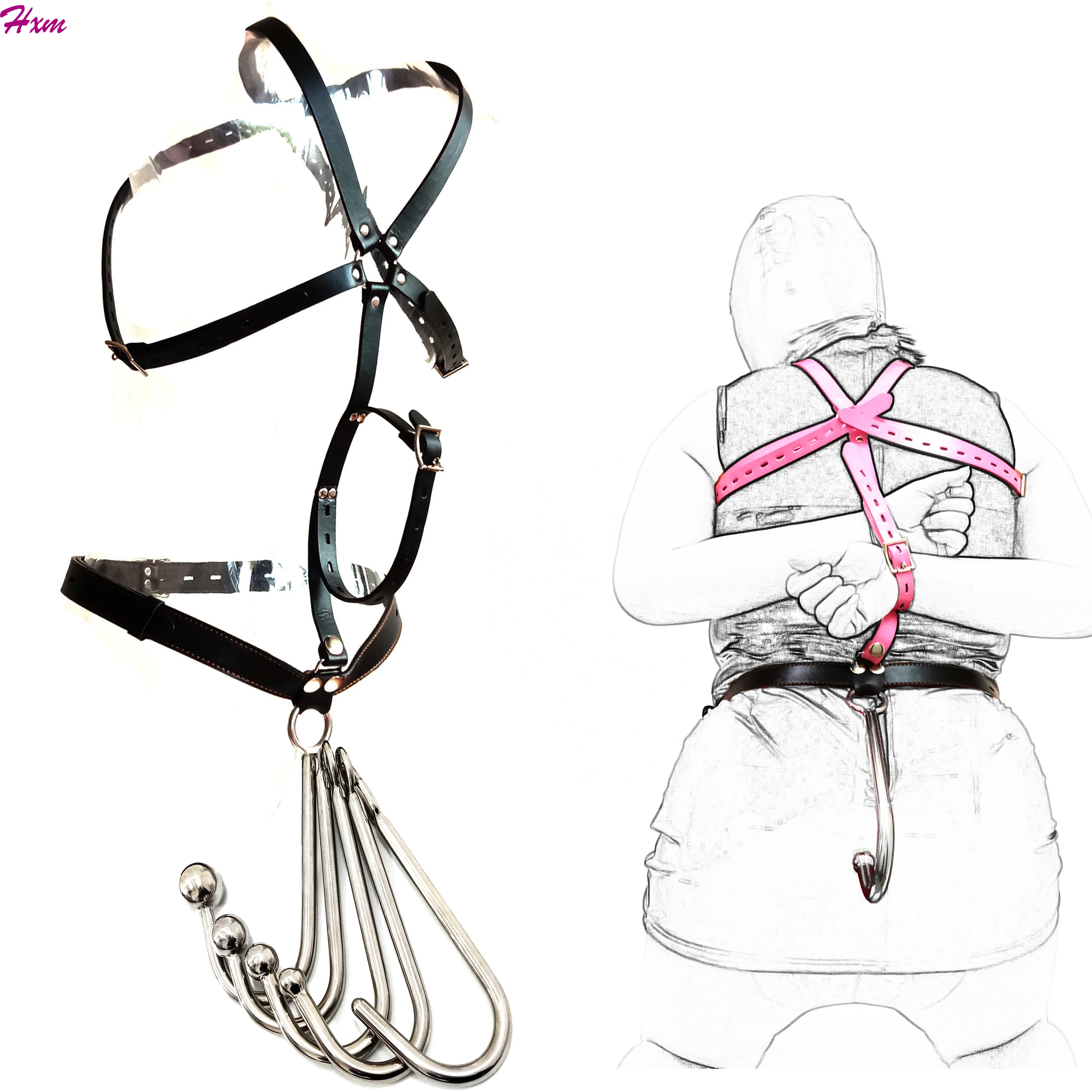 

Adjustable PU Leather Handcuffs Chastity Belt With Stainless Steel Anal Hook Fetish BDSM Bondage Restraints Butt Plugs Sex Toys