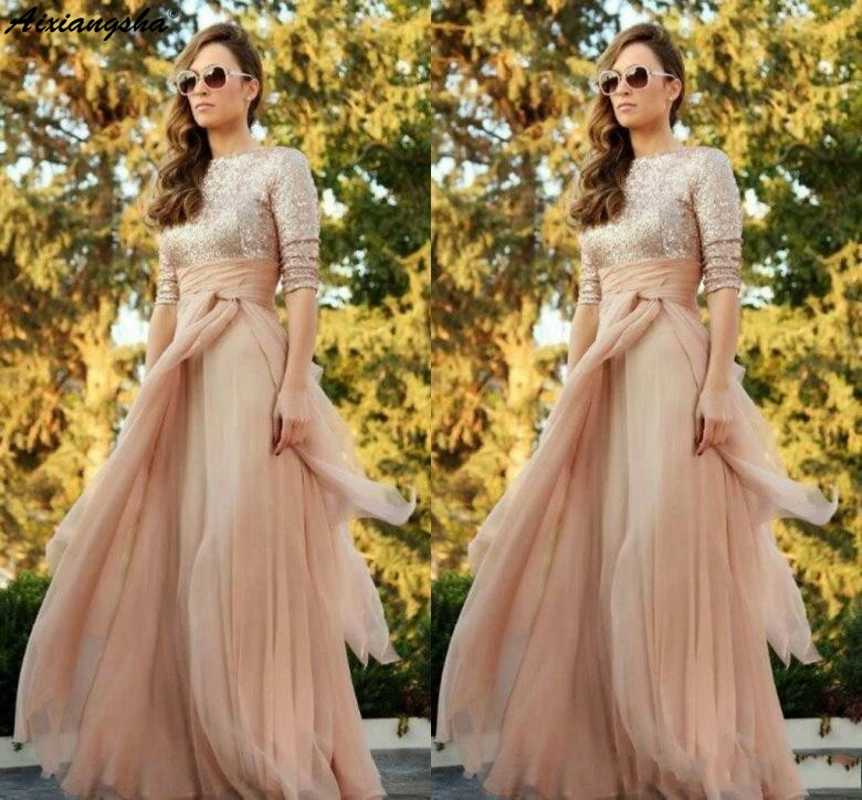 Champagne Sparkly Sequined Top Long Sleeves Evening Gowns A Line Ruffles Sweep Train Crew Neck Prom Dress
Champagne Sparkly Sequined Top Long Sleeves Evening Gowns A Line Ruffles Sweep Train Crew Neck Prom Dress