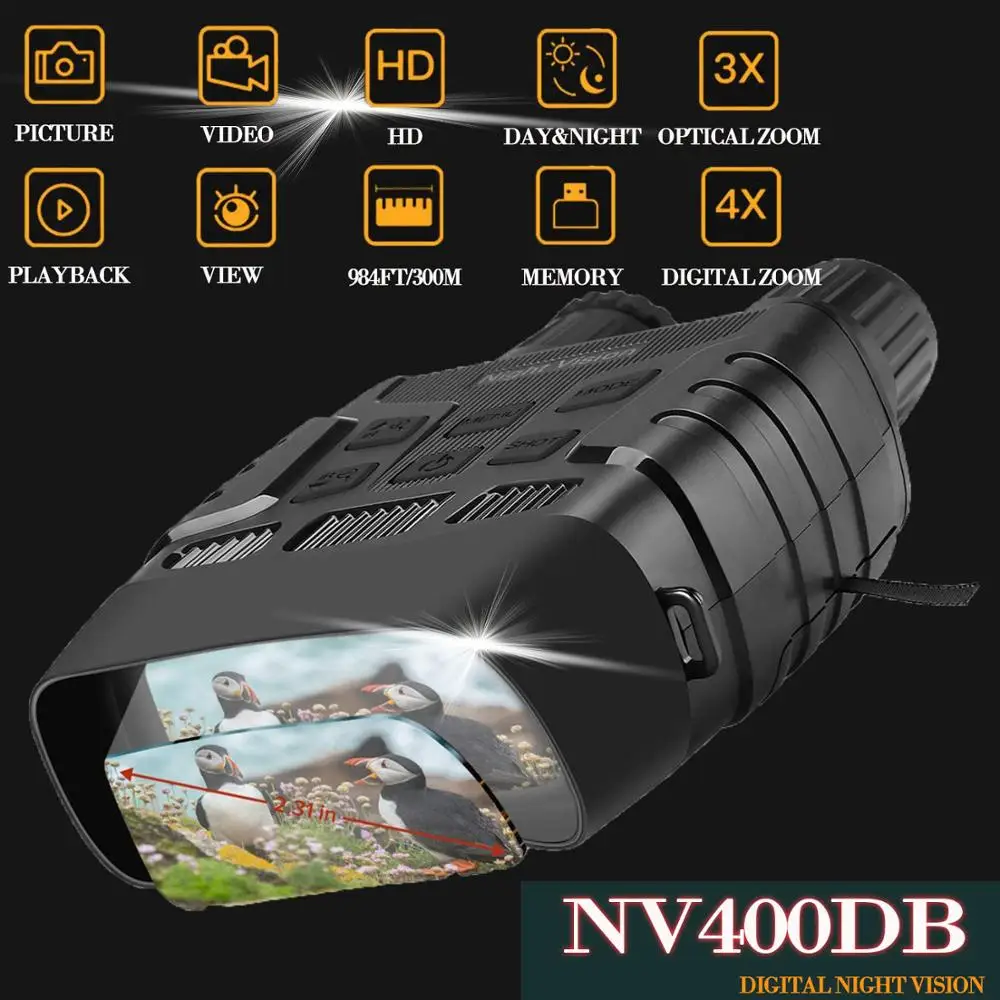 NV400DB HD Digital Night Vision Binoculars LCD Screen Infrared (IR) Camera Take Photo Video From 300m Night Hunting Goggles 
NV400DB HD Digital Night Vision Binoculars LCD Screen Infrared (IR) Camera Take Photo Video From 300m Night Hunting Goggles