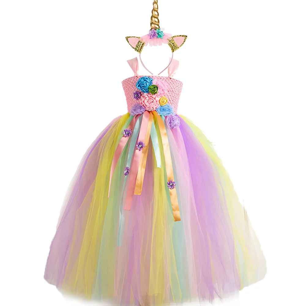 2020 Новое Детское платье-пачка с радужными цветами для девочек детская одежда дня