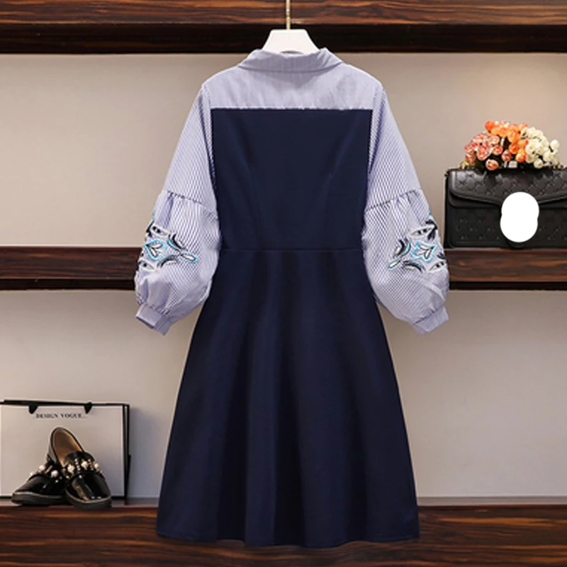 Женское платье с вышивкой в полоску синее свободное платье-двойка стиле пэчворк