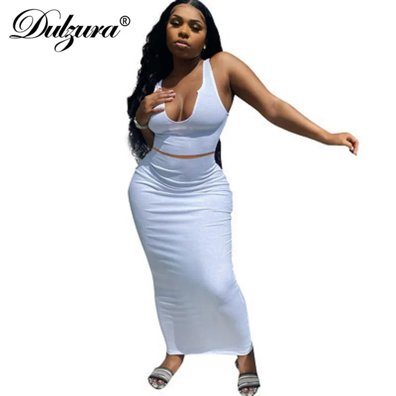 

Dulzura Ribbed 2 Pieces Crop Top Tanks High Waist Midi Skirt Set Bodycon Sexy Streetwear Tracksuit Women 2021 Summer Outfit