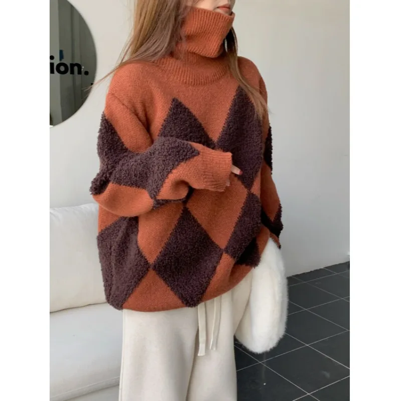 

Женские Пуловеры и свитера, 2 цвета, сезон осень-зима 2021, джемпер, свободная клетчатая водолазка, плотный вязаный свитер для женщин (A2169)