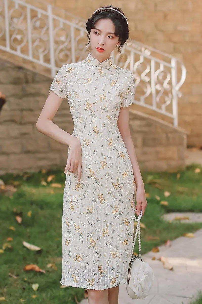 COIGARSAM Cheongsam Lace Women One-Piece Dress Korean Vintage Print Dresses 9803
COIGARSAM Cheongsam Lace Women One-Piece Dress Korean Vintage Print Dresses 9803