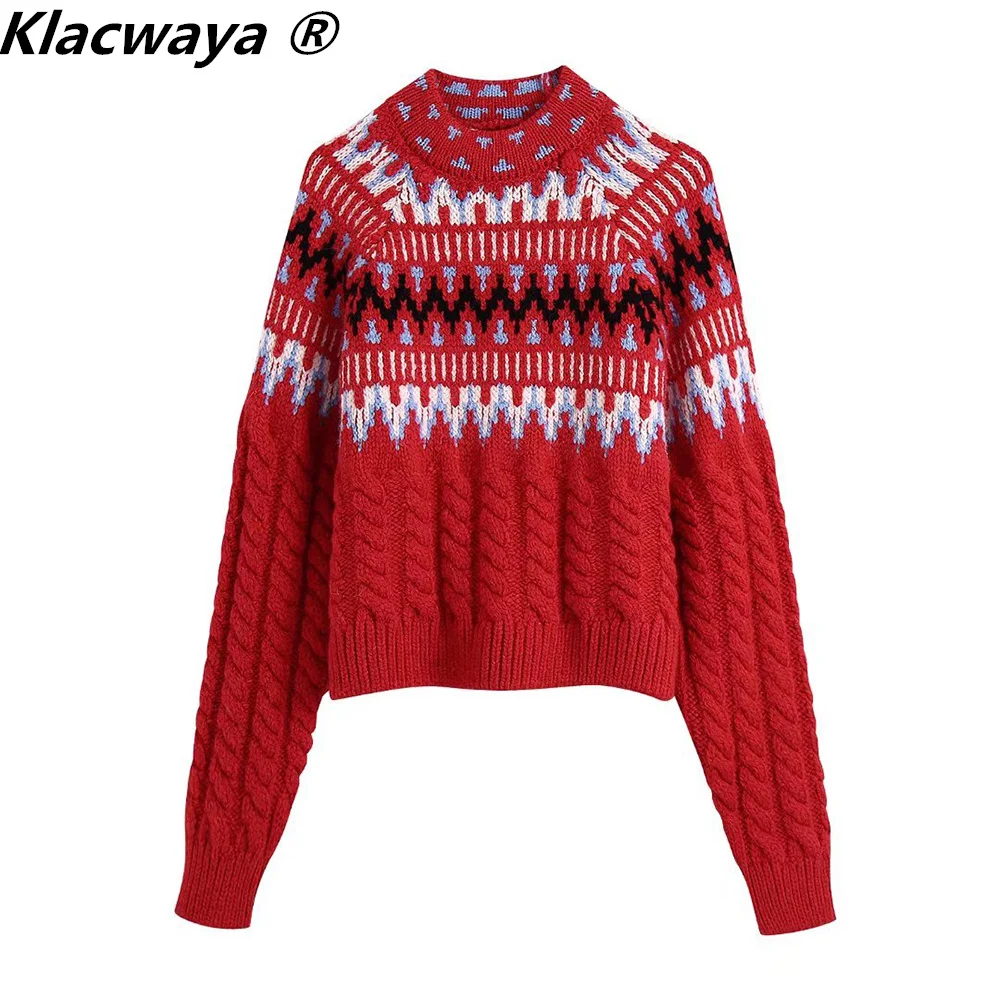 

Женские свитера и пуловеры Klacwaya, Женская винтажная зимняя одежда Za 2021, женский джемпер, красный свитер, вязаный Топ с длинным рукавом