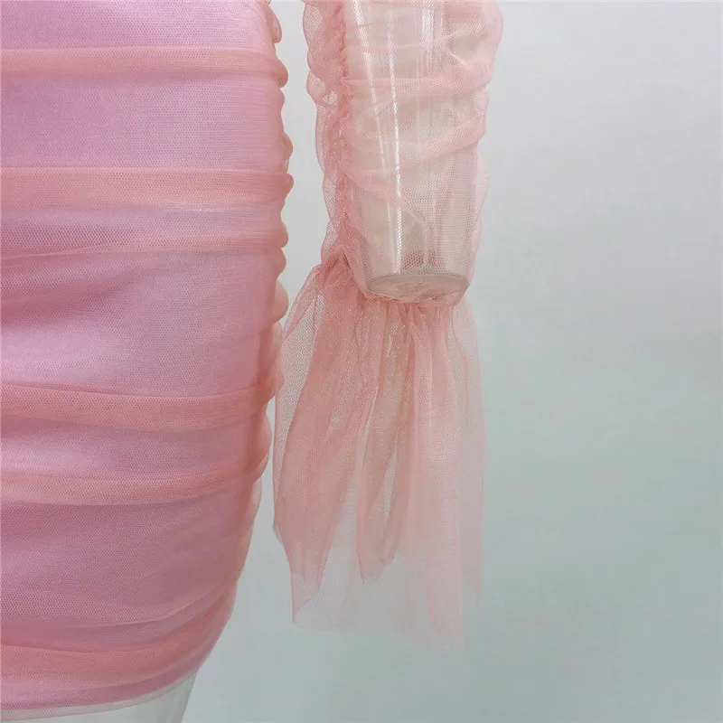 Mesh Women Slash Neck One Shoulder Ruched mini Dress Fashion Pearl Elegant Puff Sleeve Celebrity Outfit Short Pink Party Dress 
Mesh Women Slash Neck One Shoulder Ruched mini Dress Fashion Pearl Elegant Puff Sleeve Celebrity Outfit Short Pink Party Dress