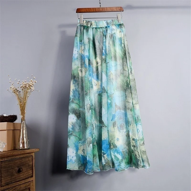 Летняя Свободная Женская шифоновая юбка с цветочным принтом Длинная пляжная в
