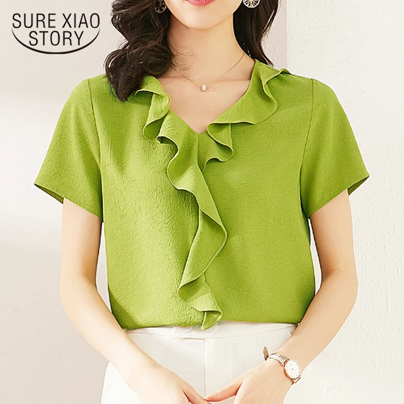 Summer Tops and Blouse Blusas Mujer Solid Color Ruffled Chiffon Shirt Women Short Sleeve All-match Slim-Fit Fashion Style 10055
Summer Tops and Blouse Blusas Mujer Solid Color Ruffled Chiffon Shirt Women Short Sleeve All-match Slim-Fit Fashion Style 10055