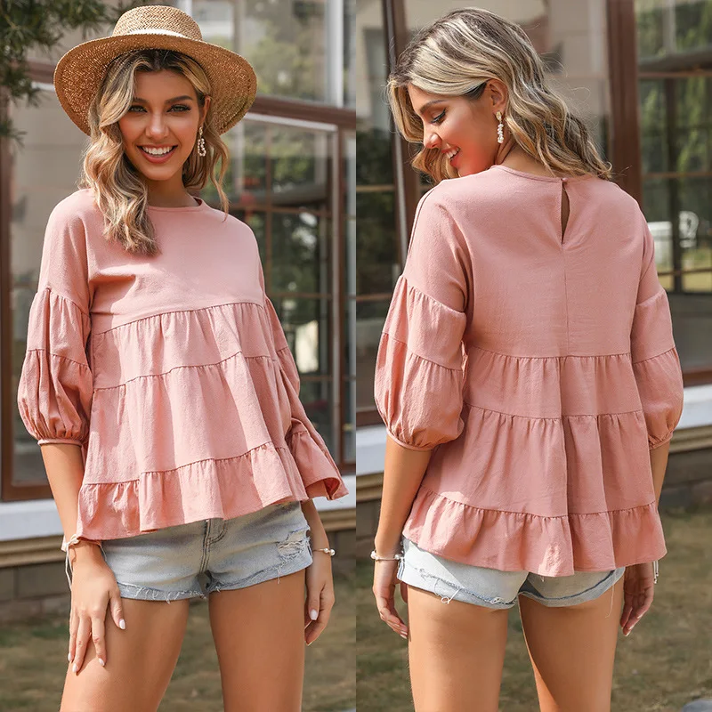 2021 New Solid Color Round Neck Doll Shirt European And American Style Cotton And Linen T-shirt Women's Top Loose Casual
2021 New Solid Color Round Neck Doll Shirt European And American Style Cotton And Linen T-shirt Women's Top Loose Casual