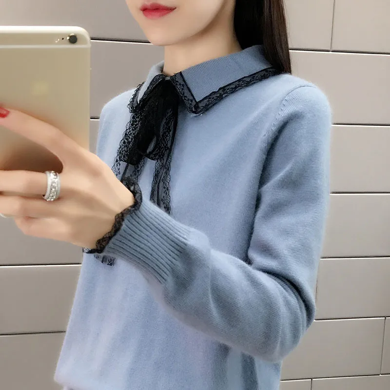 Autumn winter knitted sweaters women 2019 fashion Lace bow pullover student casual Long sleeve bottoming A2967 | Женская одежда