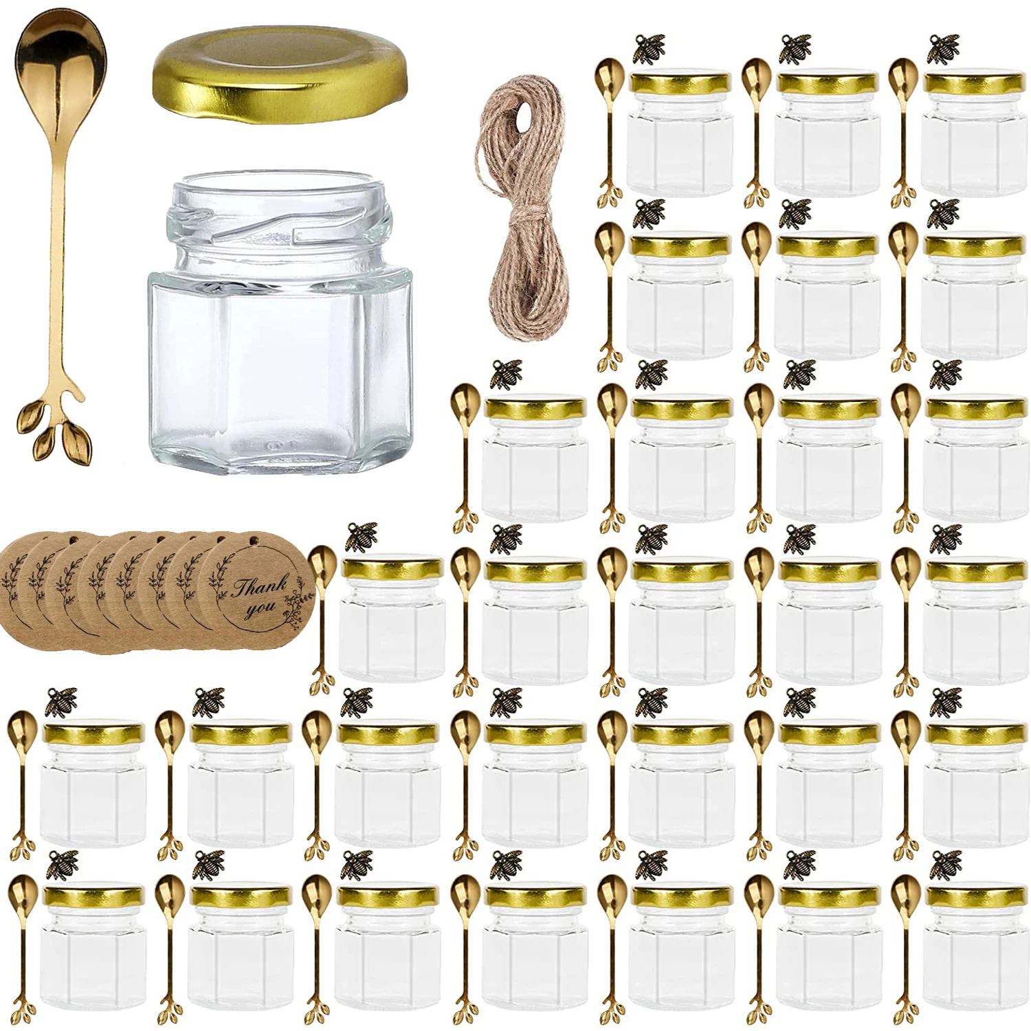 Hexagon Mini Honey Jars with Lids, Golden Spoon,Honey Jar Glass Spice Jars for Baby Shower, Wedding Favors, Party Favors, DIY
Hexagon Mini Honey Jars with Lids, Golden Spoon,Honey Jar Glass Spice Jars for Baby Shower, Wedding Favors, Party Favors, DIY