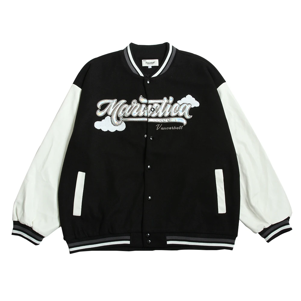 Letter Embroidery Baseball Outerwear Mens Autumn Contrast Paneled Sleeve PU Jacket Loose Patchwork Letterman Jacket Men
Letter Embroidery Baseball Outerwear Mens Autumn Contrast Paneled Sleeve PU Jacket Loose Patchwork Letterman Jacket Men