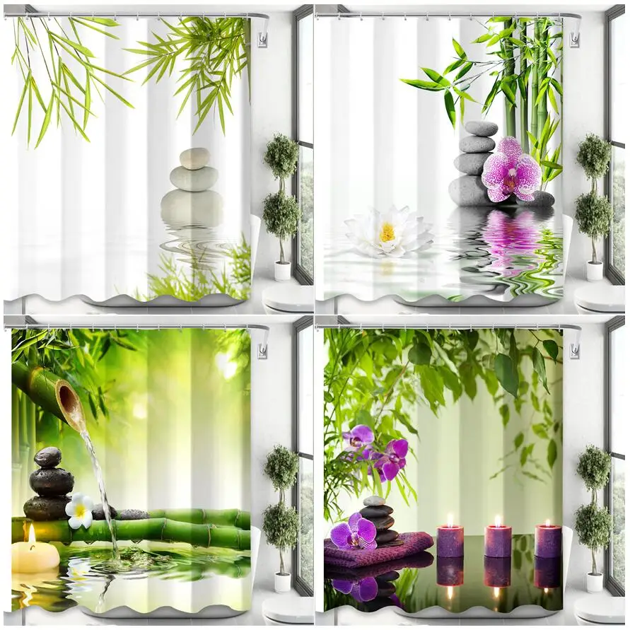 

Black Zen Stone Green Bamboo Bathroom Shower Curtains Sets Candle Purple Orchid Spa Water Nature Scenery Waterproof Fabric Decor