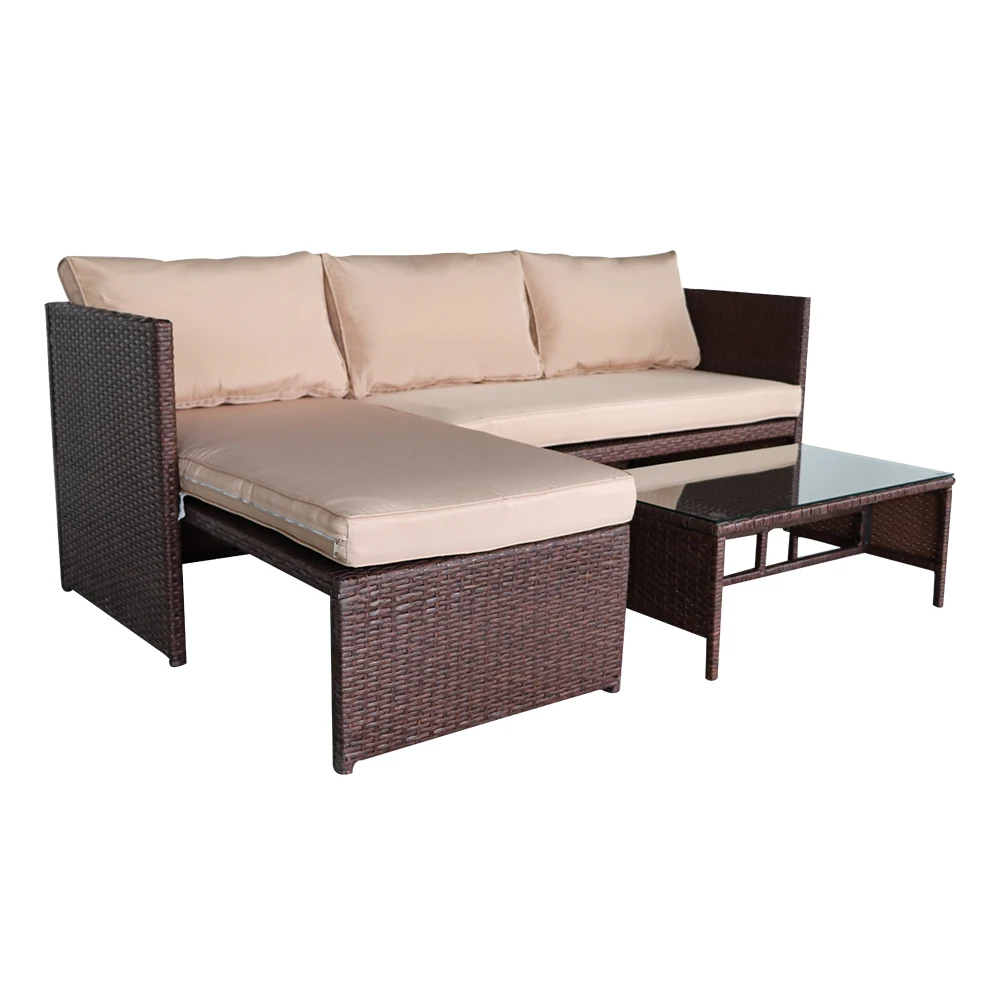 Patio Furniture 3 Pieces Wood Grain PE Wicker Rattan Ottoman with Tempered Glass Table Patio Sofa Set
Patio Furniture 3 Pieces Wood Grain PE Wicker Rattan Ottoman with Tempered Glass Table Patio Sofa Set