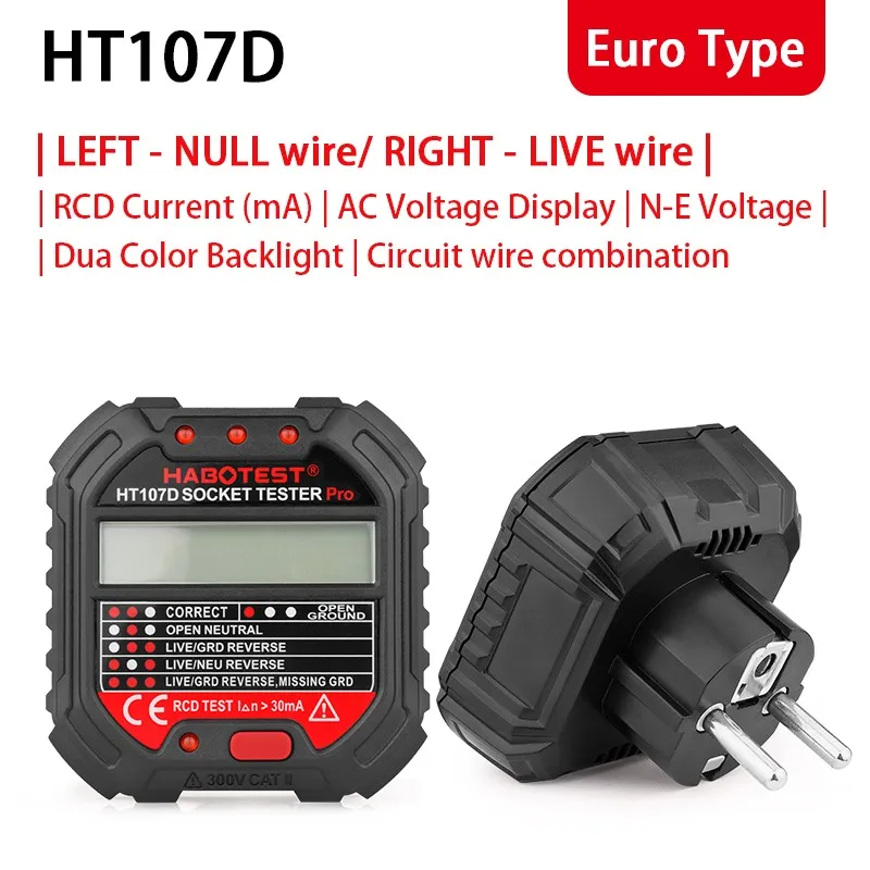 LED Display Electric Socket Tester GFCI RCD Test Plug-in 48V-250V Mains Fault HT107B(US)/HT107D(EU)/HT107E(UK) Socket Tester
LED Display Electric Socket Tester GFCI RCD Test Plug-in 48V-250V Mains Fault HT107B(US)/HT107D(EU)/HT107E(UK) Socket Tester