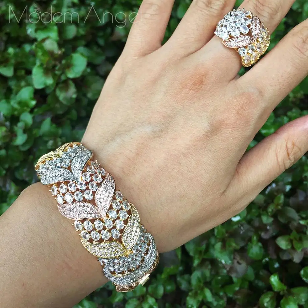ModemAngel Brand Luxury Flower Design Cubic Zirconia Three colors Bracelets Bangle Ring Set for Women Jewelry Gifts | Украшения и
