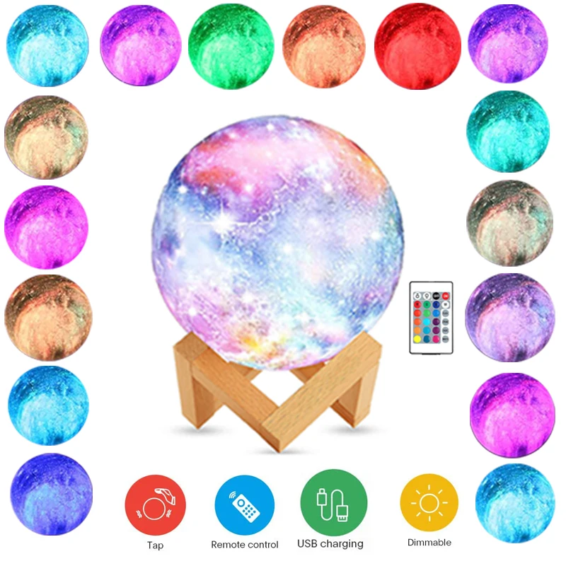 

3d estrela lua luz da noite controle remoto toque usb recarregvel 16 cores led com suporte de madeira para meninas meninos pre