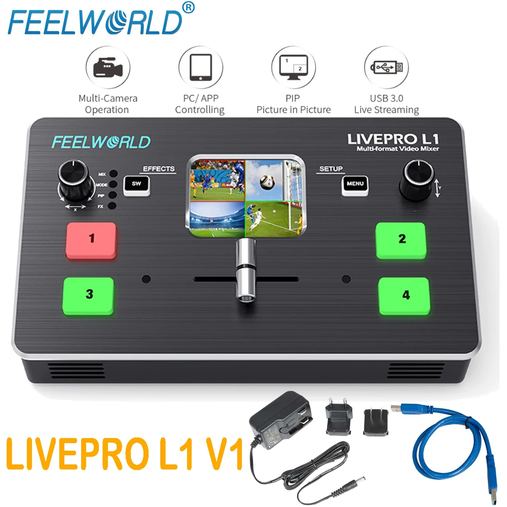 Мультиформатный Смеситель для видео FEELWORLD LIVEPRO L1 V1, коммутатор с 4 входами HDMI, производство камеры USB3.0 fpr для прямой трансляции Youtube
Мультиформатный Смеситель для видео FEELWORLD LIVEPRO L1 V1, коммутатор с 4 входами HDMI, производство камеры USB3.0 fpr для прямой трансляции Youtube