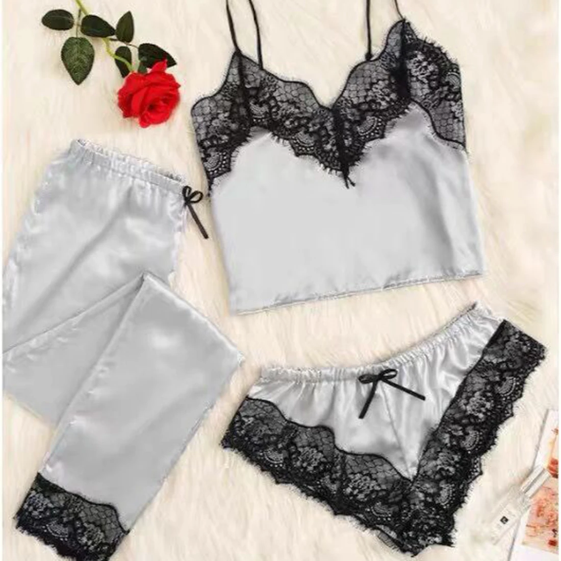 3PC Women Sleepwear Set Sleep Wear Lace Satin Wireless Bra Camisole Shorts Pajamas Sleepwear Robe
3PC Women Sleepwear Set Sleep Wear Lace Satin Wireless Bra Camisole Shorts Pajamas Sleepwear Robe
