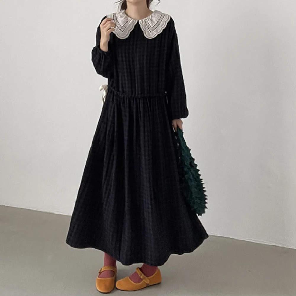 Women Retro Fashion Lace Edge Dress Casual OL Commuter Long Sleeve Lapel Loose Pullover Lattice Patchwork Fall Winter Lady Dress
Women Retro Fashion Lace Edge Dress Casual OL Commuter Long Sleeve Lapel Loose Pullover Lattice Patchwork Fall Winter Lady Dress