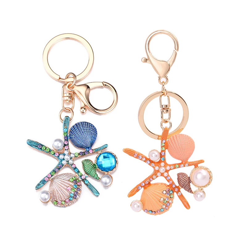 

Starfish Shell Keychain Ocean Series Gifts Scallop Imitation Pearls Ornaments Car Bag Pendant Accessories Alloy Keyring Jewelry