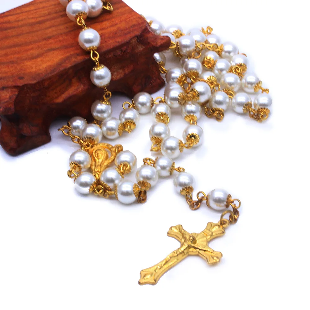 QIGO 8 mm Pearl Rosary Necklace With Cup For Wedding Long Cross Pendant Catholic Jewelry | Украшения и аксессуары