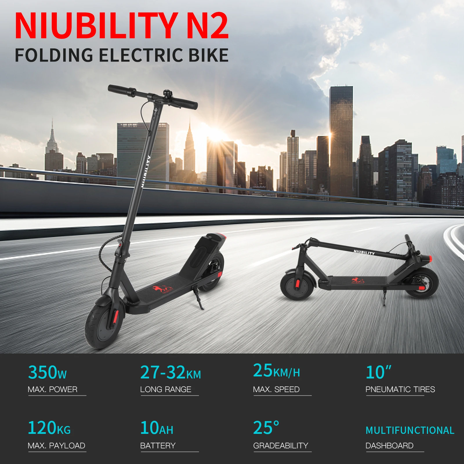Niubility N2 10 Inch Two Wheel Folding Electric Scooter 36V 10Ah Battery 27 - 32km Range for City Commuting Weekend Trips
Niubility N2 10 Inch Two Wheel Folding Electric Scooter 36V 10Ah Battery 27 - 32km Range for City Commuting Weekend Trips