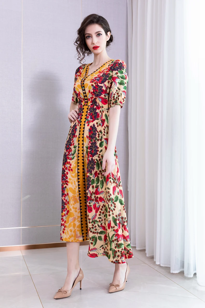 100% шелковые женские платья с V-образным вырезом цветочные высококачественные