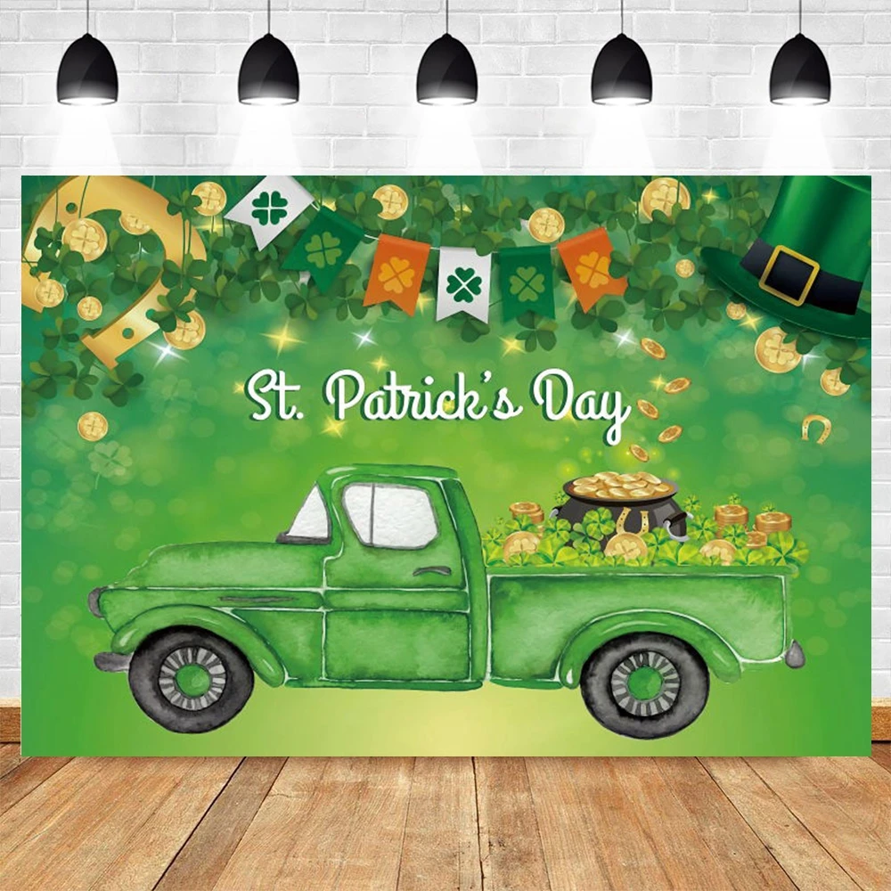 

Happy St Patricks Day Backdrop Photography Green Shamrock Car Clover Hat Irish Luck Day Photographic Background For Photo Studio