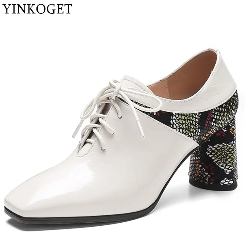YINKOGET/пикантные женские туфли из натуральной кожи на высоком толстом каблуке со