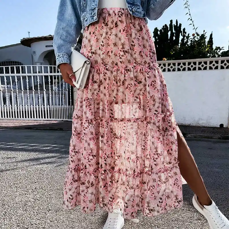 Chiffon bohemian skirt long for printed floral style feminine boho skirt 2021 spring summer clothes 
Chiffon bohemian skirt long for printed floral style feminine boho skirt 2021 spring summer clothes
