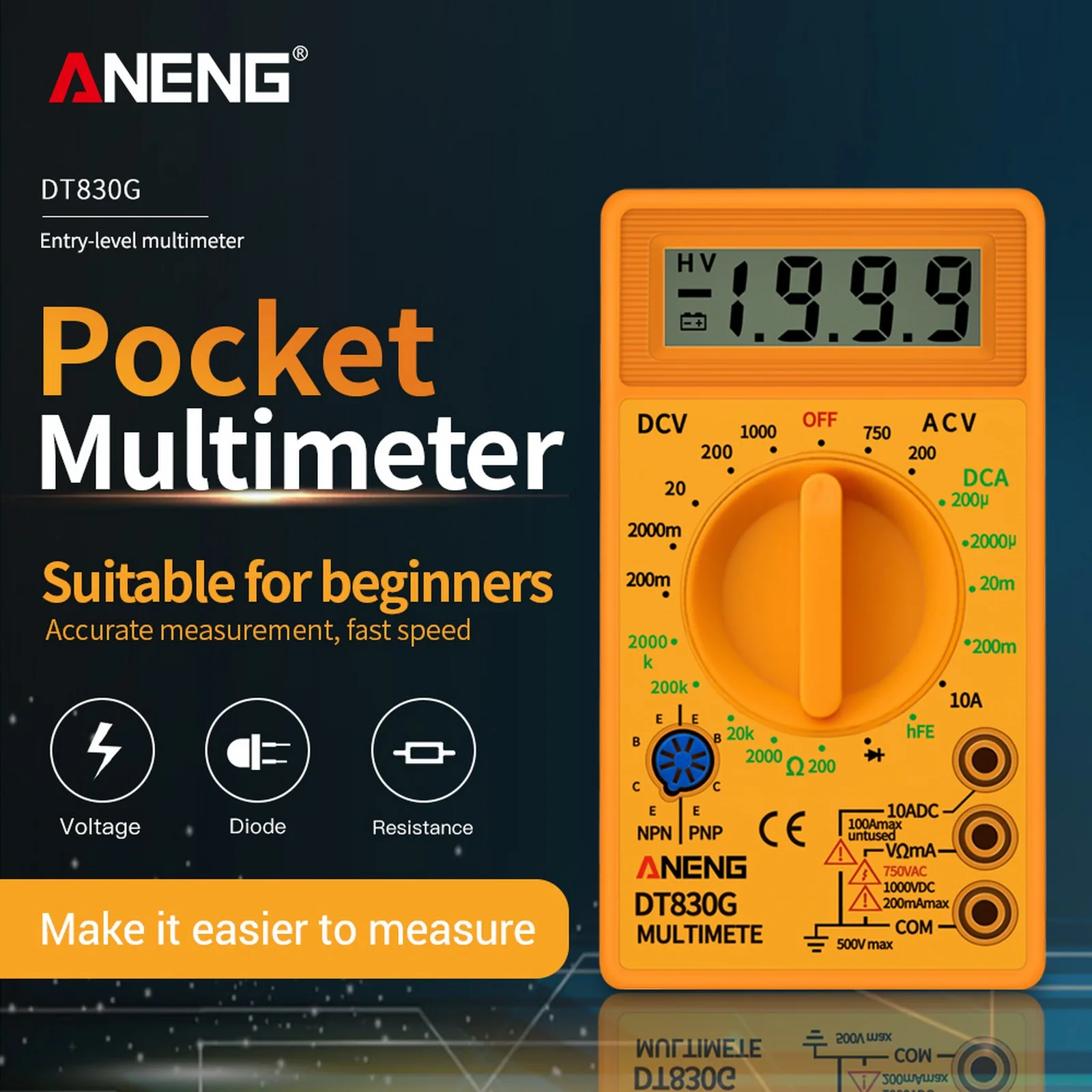 ANENG LCD Digital Multimeter DT830G AC/DC 750/1000V Amp Volt Ohm Tester Meter Electric Voltmeter Ammeter Ohm Tester
ANENG LCD Digital Multimeter DT830G AC/DC 750/1000V Amp Volt Ohm Tester Meter Electric Voltmeter Ammeter Ohm Tester