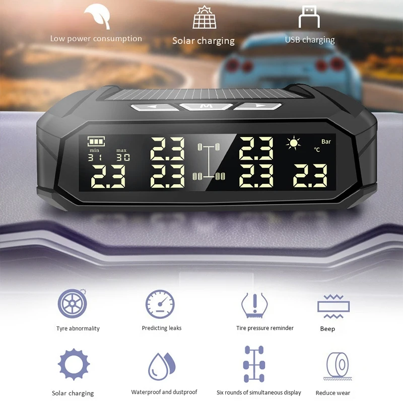 TPMS Solar Car Tire Pressure Alarm Monitor System Display Intelligent Temperature Warning with 4 Build-in Sensors
TPMS Solar Car Tire Pressure Alarm Monitor System Display Intelligent Temperature Warning with 4 Build-in Sensors