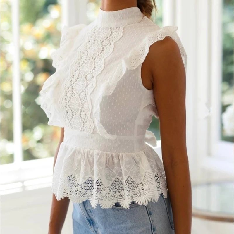 Women's New Style Blouse Strappy Sexy Open Back Round Neck Lace Shirt White