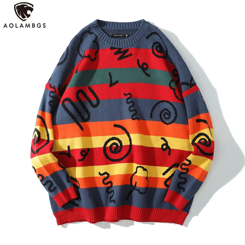 Aolamegs мужской свитер с Разноцветными полосками и круглым вырезом, мужской свитер, мешковатый Модный трикотажный пуловер Harajuku, осенняя мужск... 
Aolamegs мужской свитер с Разноцветными полосками и круглым вырезом, мужской свитер, мешковатый Модный трикотажный пуловер Harajuku, осенняя мужск...