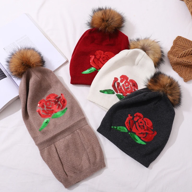 CNTANG Women Wool Hat Round Sequins Rose flower Beanies Double layer Lining Winter Warm Knitted Cap Raccoon Fur Pompom Hats
CNTANG Women Wool Hat Round Sequins Rose flower Beanies Double layer Lining Winter Warm Knitted Cap Raccoon Fur Pompom Hats