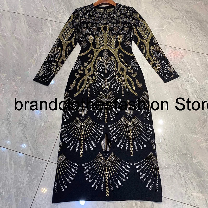 Fashion Jacquard-Knit Midi Dress Women High Quality O-Neck Metal Fiber Deco Slit Hem Stretch Bodycon Skirt Lady 2021 New Autumn
Fashion Jacquard-Knit Midi Dress Women High Quality O-Neck Metal Fiber Deco Slit Hem Stretch Bodycon Skirt Lady 2021 New Autumn