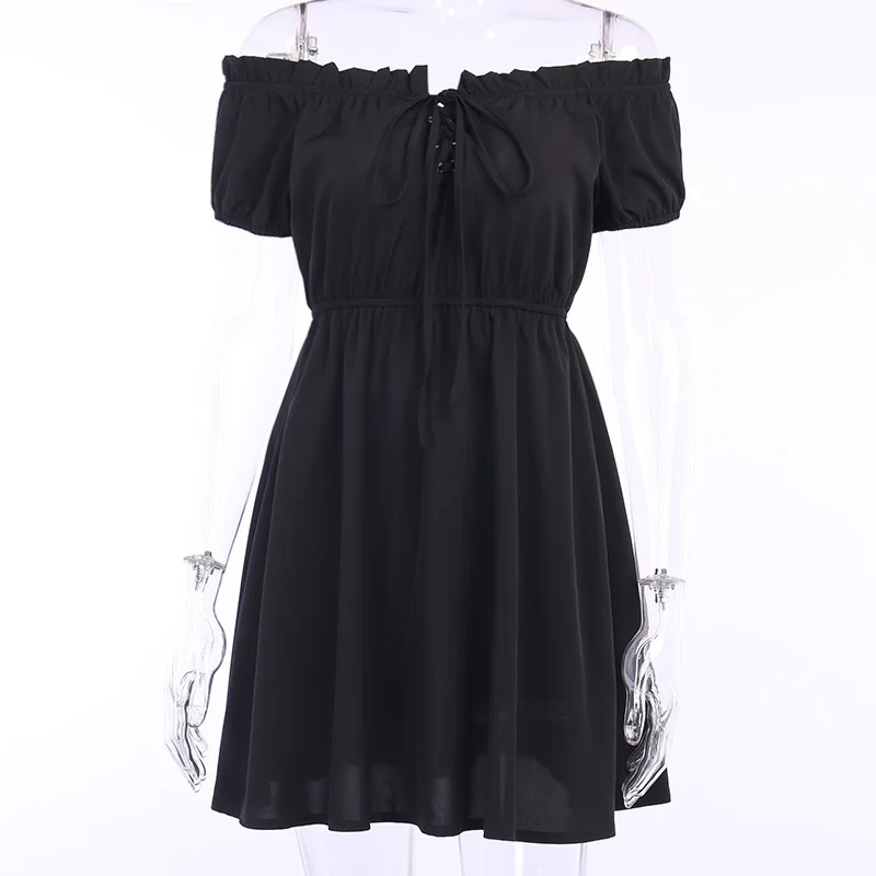 Sexy Off Shoulder Black Dresses Harajuku High Waist Dress Summer Mini A-line Solid Black Casual Dresses
Sexy Off Shoulder Black Dresses Harajuku High Waist Dress Summer Mini A-line Solid Black Casual Dresses