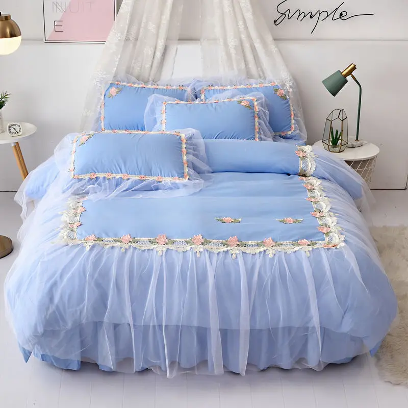 Blue Princess Style 4PCS Bed Skirt Korean Princess Style Double Duvet Cover Lace Bed Skirt Bed Linen Set Full Size Comforter Set
Blue Princess Style 4PCS Bed Skirt Korean Princess Style Double Duvet Cover Lace Bed Skirt Bed Linen Set Full Size Comforter Set