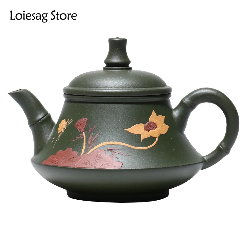 

Loiesag 240ml Yixing Authentic Raw Ore Green Mud Pure Purple Clay Tea Pot Hand Painted Lotus Home Tea Maker Filter Zisha TeaPots