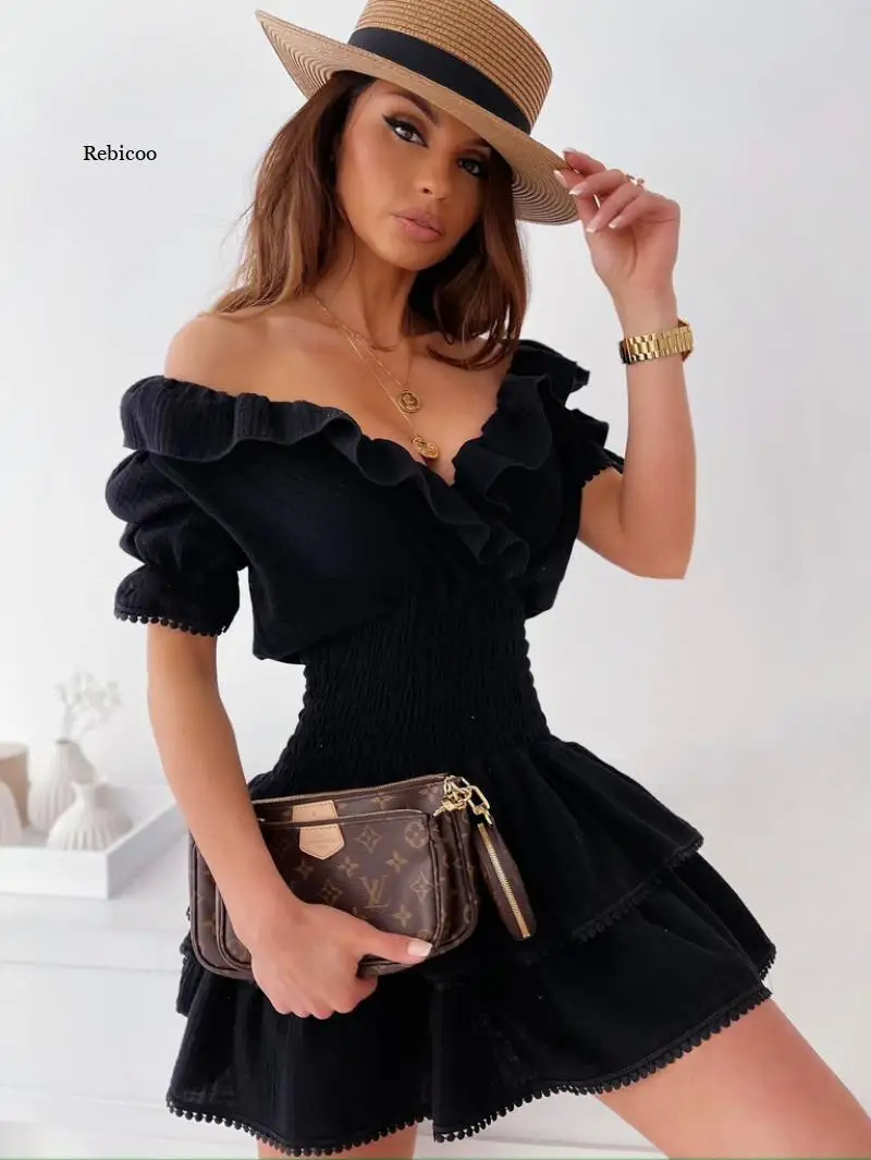Fashion Women Summer A-Line Dress for Streetwear Shrinkage Design Ruffles Decor V-Neck Short Sleeve High Waist Slim Mini Dress
Fashion Women Summer A-Line Dress for Streetwear Shrinkage Design Ruffles Decor V-Neck Short Sleeve High Waist Slim Mini Dress