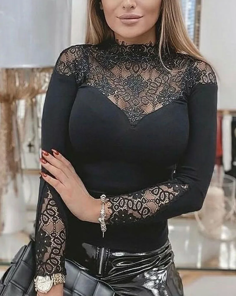 Women's Lace Splicing Top 2021 Autumn New Fashion Round Neck Long Sleeve Lace Splicing Slim Tops Casual Female Top
Women's Lace Splicing Top 2021 Autumn New Fashion Round Neck Long Sleeve Lace Splicing Slim Tops Casual Female Top
